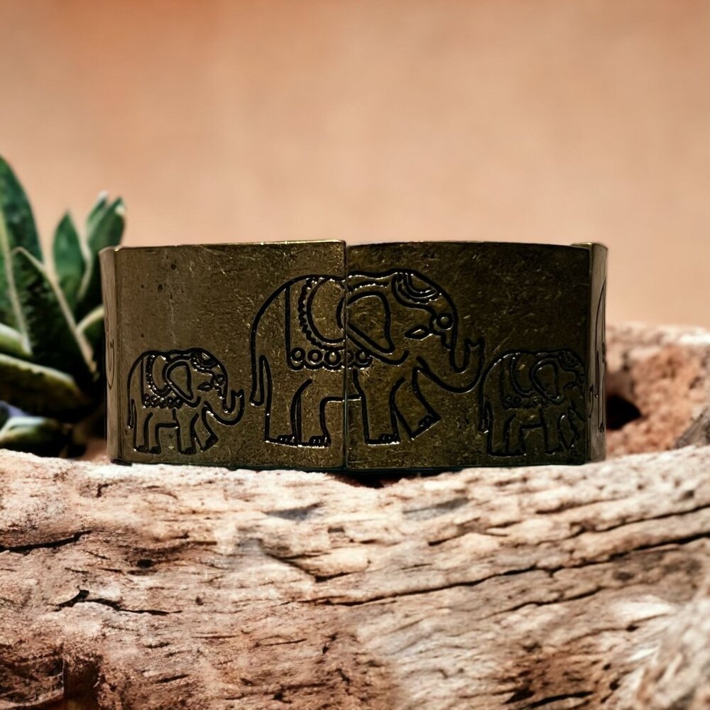 Brass Etched Stretch Bracelet Elephants All the Way Around Sitting at 7"